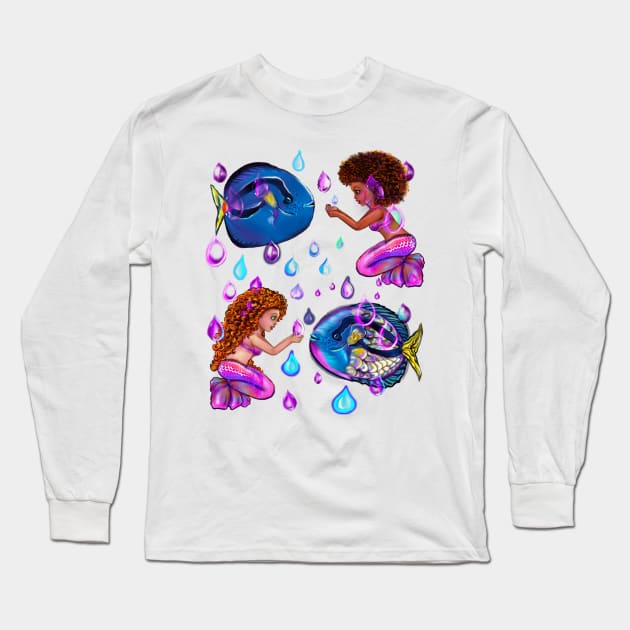 Best fishing gifts for fish lovers 2022. anime mermaid with blue tang fish and rain drops. Cute black  and white girls with Afro hair, green eyes, Cherry pink lips and dark brown skin. Hair love ! Long Sleeve T-Shirt by Artonmytee